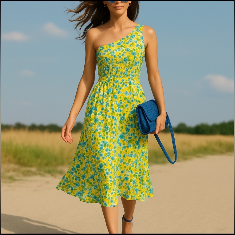 Zesica - Flower Dress - NWT - one shoulder smocked bodice